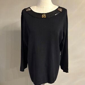 Elegant solid black knit sweater stretchy Embellished Neckline sequins stones XL